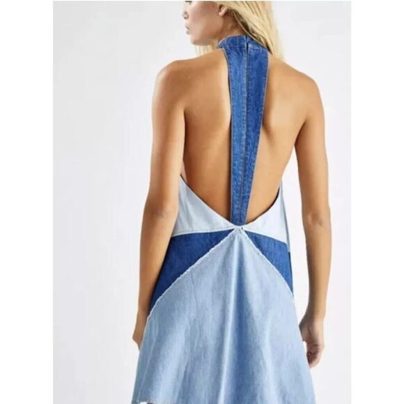 Free People Rising Sun Mini Denim Patched Halter Contrast Exposed Back | M EUC - Picture 4 of 12